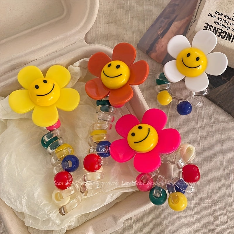 4pcs Sweet Sunflower Bubble Braid Hair Ties - Durable Smile Flower Phone Cord Hair Accessories