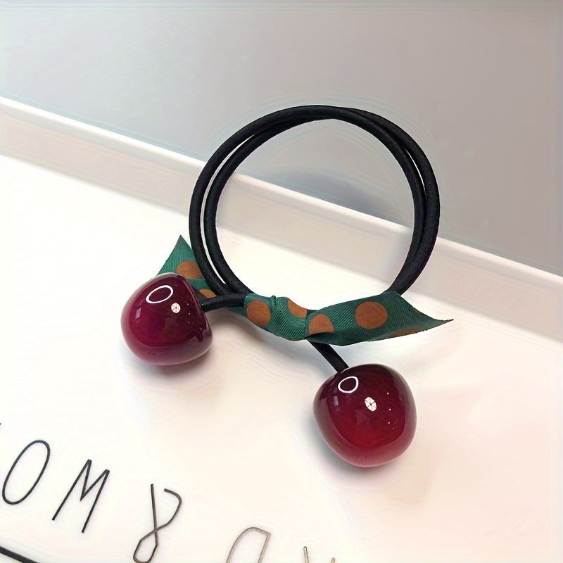 3pcs Adorable Cherry-Shaped Hair Ties for girls - Vibrant Red with Green Polka Dot Ribbon