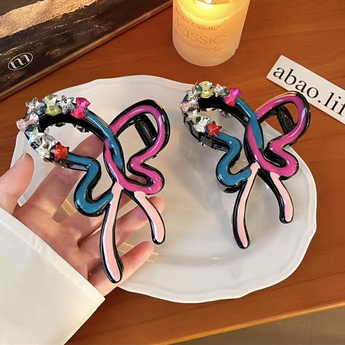 1pc Elegant Bohemian Bow Hair Clip - Large Colorful Acrylic Hairpin with Sparkling Rhinestones