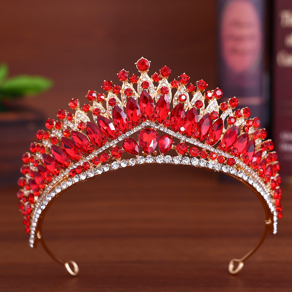 Bridal Tiara Crown Hair Accessory - Sparkling Red Gemstones & Intricate Detailing