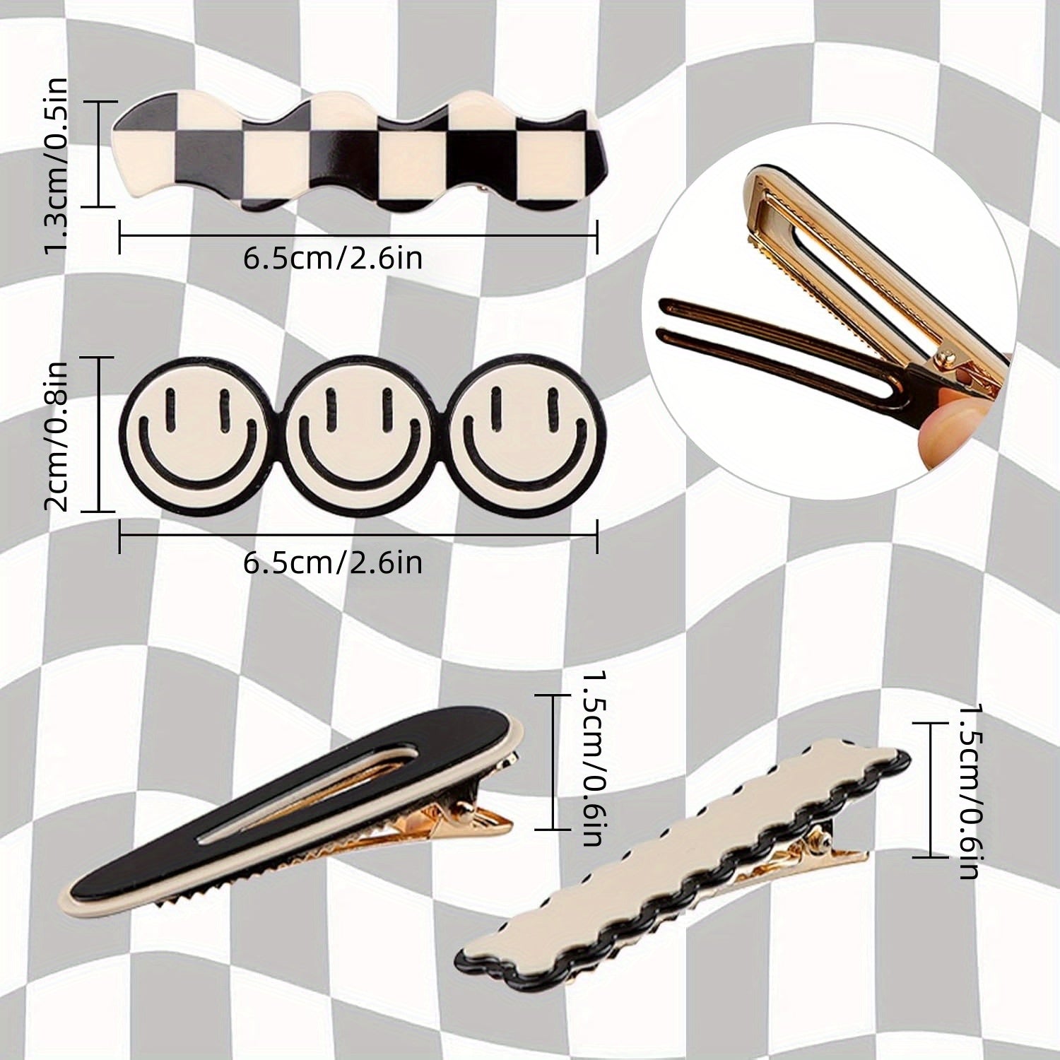 16pcs Cute Sweet Korean Style Hair Clips Set, Black White Checker & Wave Geometric Duckbill Pins