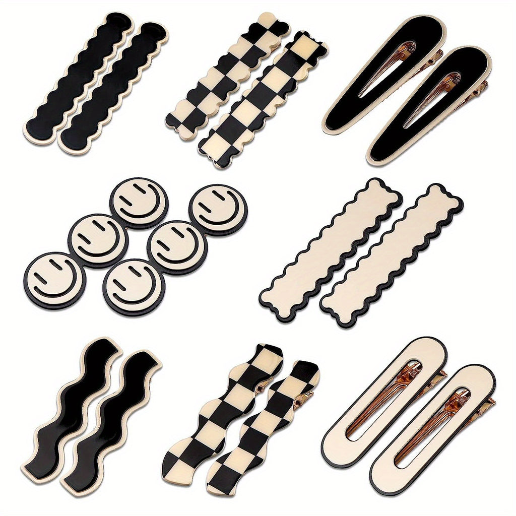 16pcs Cute Sweet Korean Style Hair Clips Set, Black White Checker & Wave Geometric Duckbill Pins