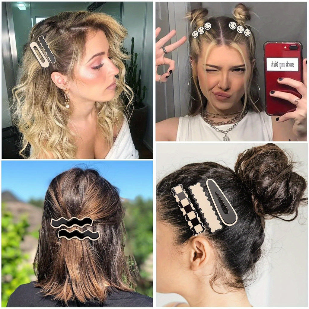 16pcs Cute Sweet Korean Style Hair Clips Set, Black White Checker & Wave Geometric Duckbill Pins