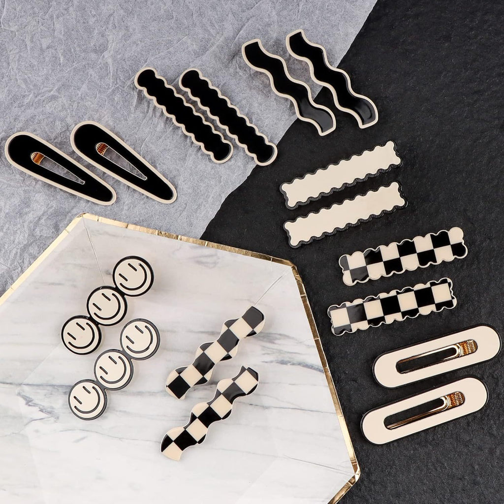 16pcs Cute Sweet Korean Style Hair Clips Set, Black White Checker & Wave Geometric Duckbill Pins