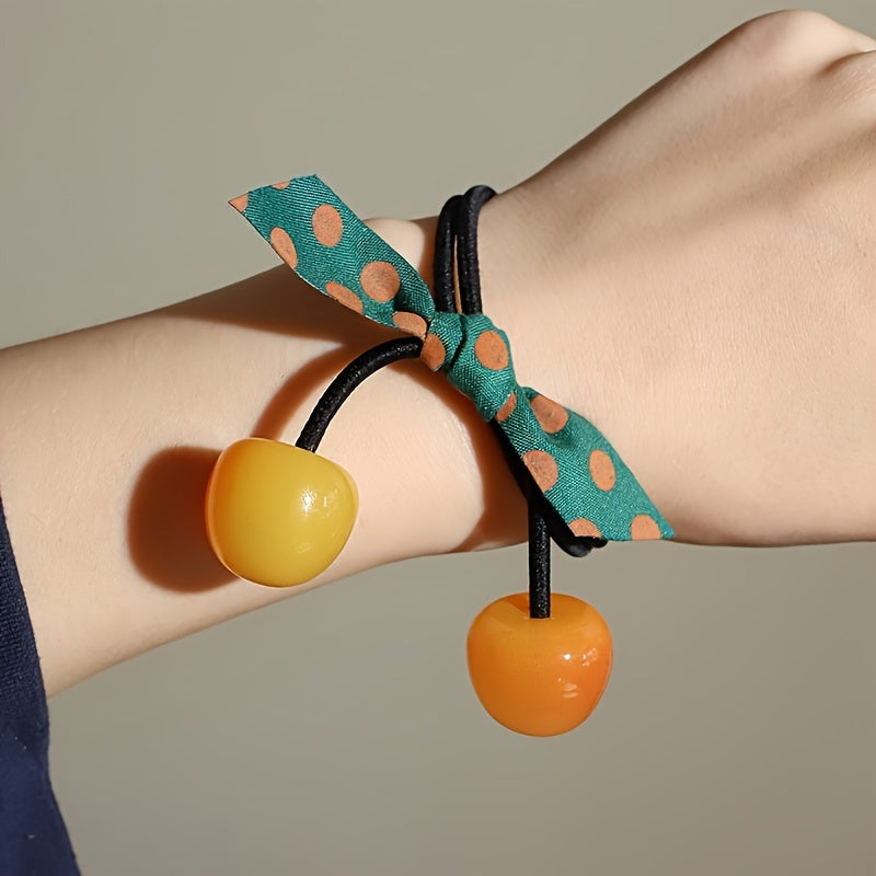 3pcs Adorable Cherry-Shaped Hair Ties for girls - Vibrant Red with Green Polka Dot Ribbon