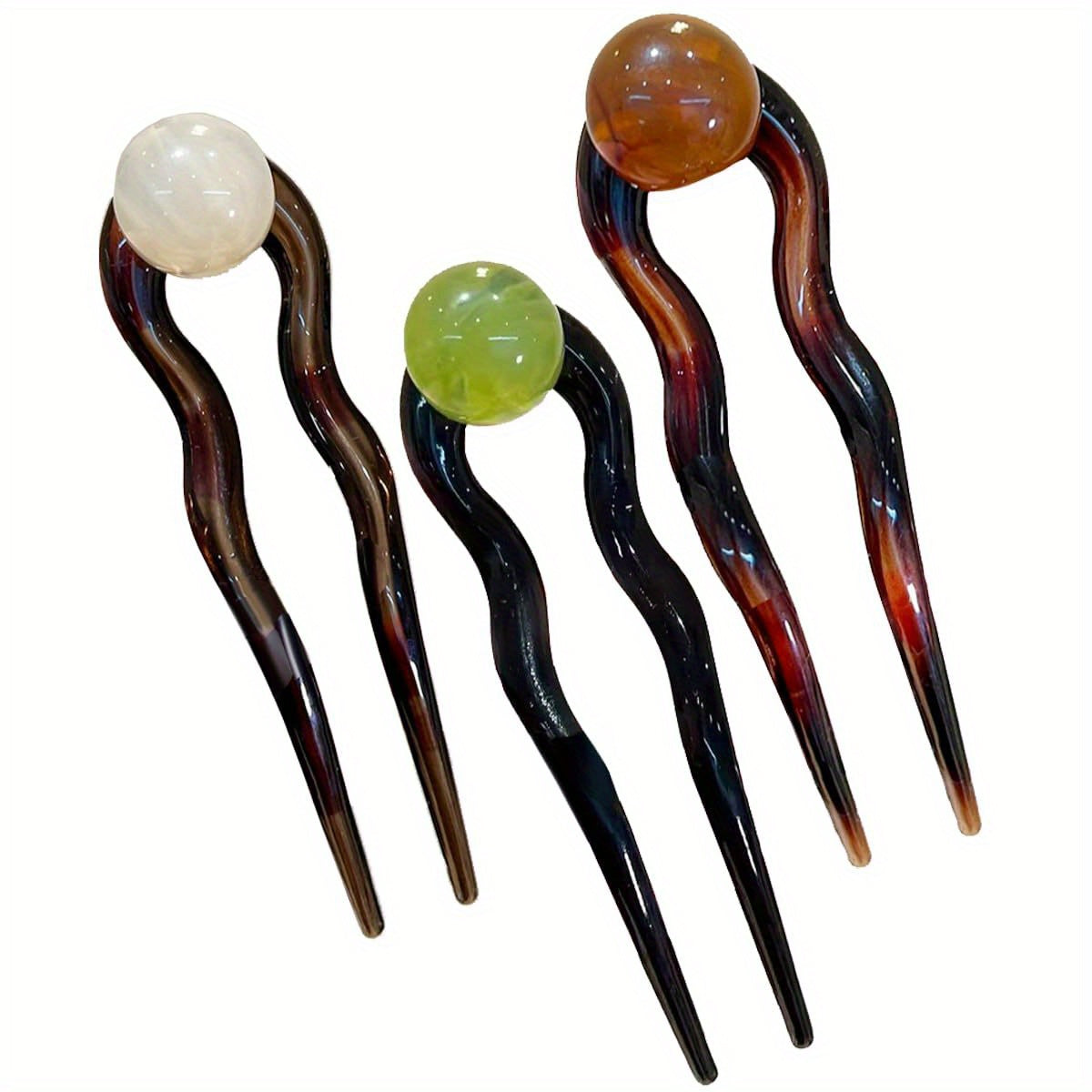 3pcs Elegant Retro U-Shaped Hairpins with Jelly Beads - Vintage-Inspired Acrylic Hair Accessories for Daily Commute & Bun Hairstyles