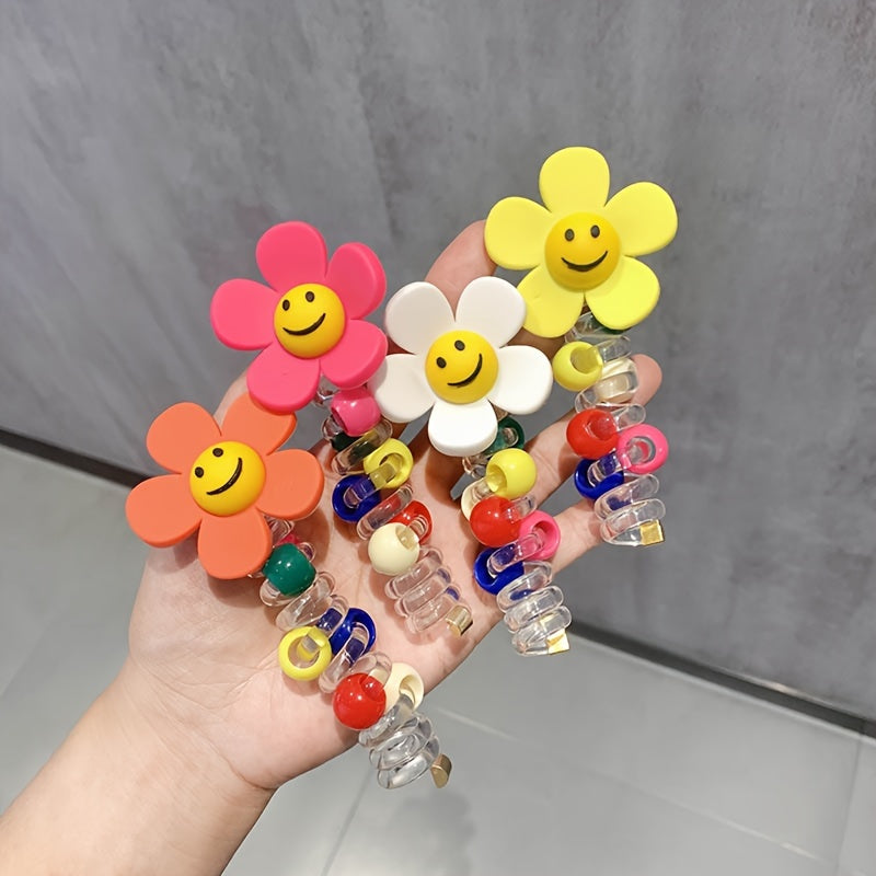 4pcs Sweet Sunflower Bubble Braid Hair Ties - Durable Smile Flower Phone Cord Hair Accessories