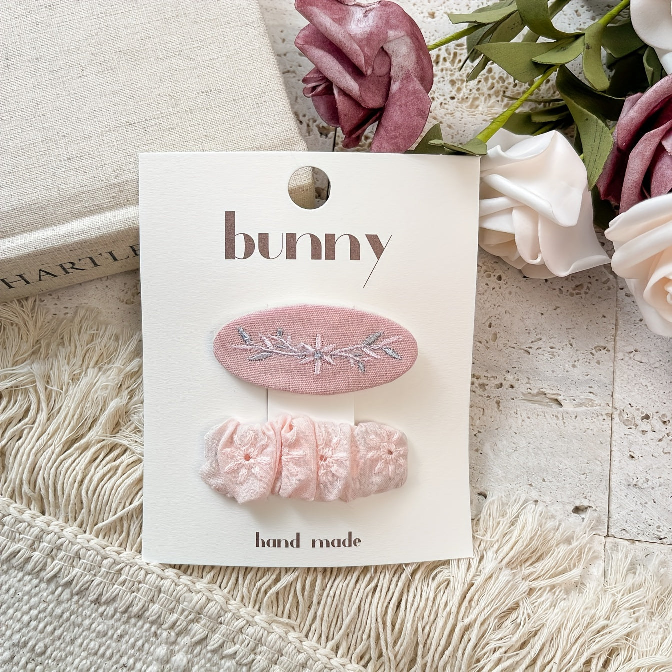 2pcs Pink Retro Embroidery Flower Hairpin Headwear For Girls