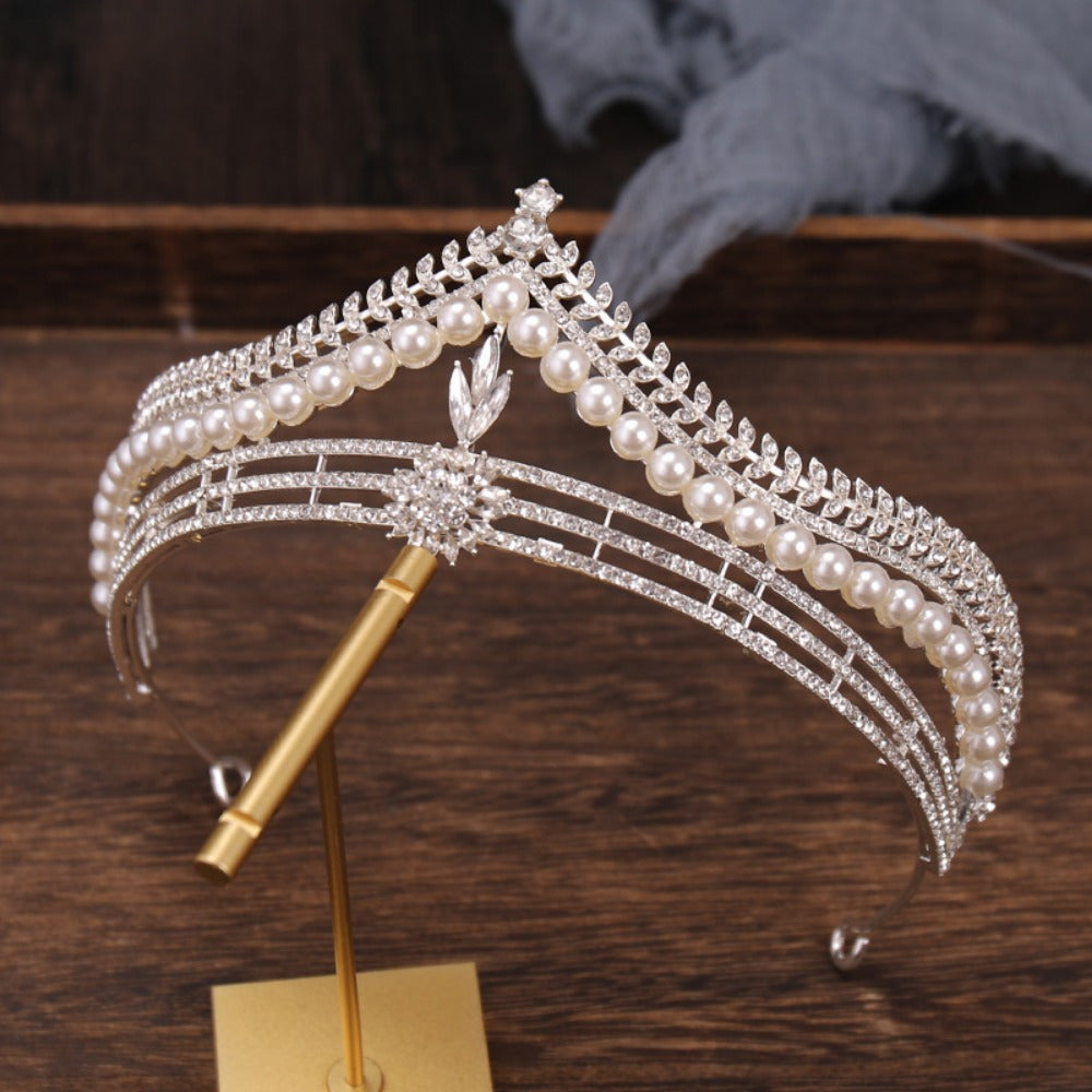Elegant Pearl Crown Headpiece for Women - Sparkling Rhinestone Princess Crown with Floral Design