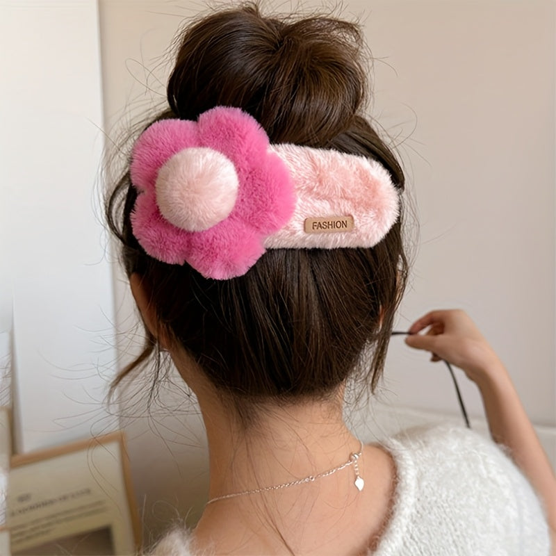 Fluffy Flower Hair Clips for Girls, Dressy Sweet Style Knit Fabric Hair Accessories