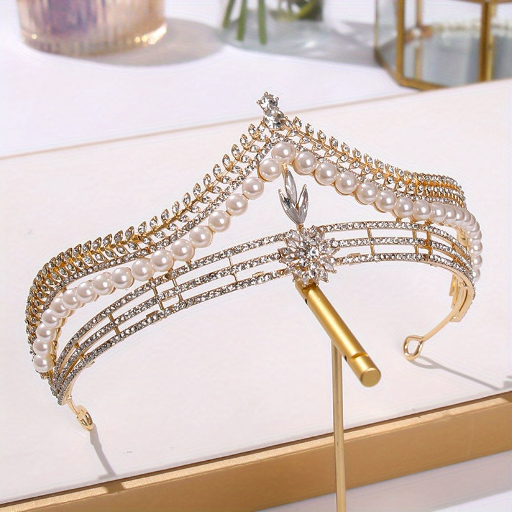 Elegant Pearl Crown Headpiece for Women - Sparkling Rhinestone Princess Crown with Floral Design