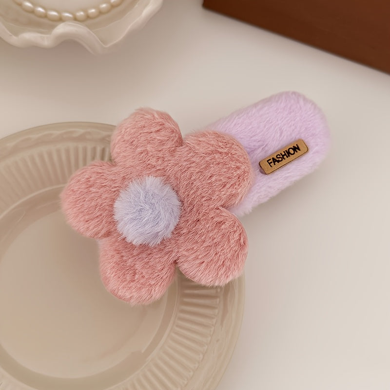 Fluffy Flower Hair Clips for Girls, Dressy Sweet Style Knit Fabric Hair Accessories