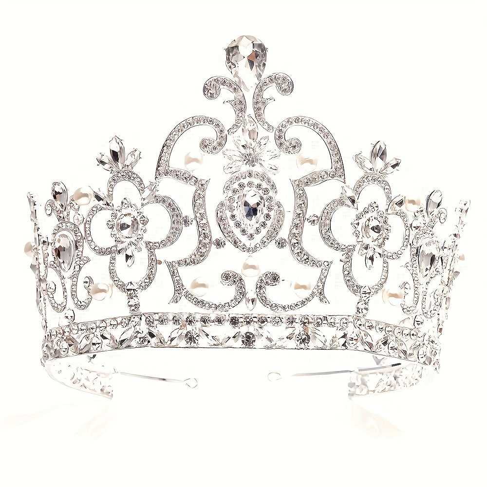 Baroque Rhinestone Crown Headband, Zinc Alloy White Tiara with Plant Details