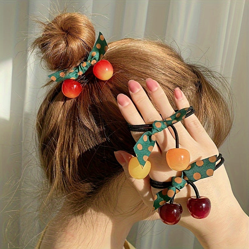 3pcs Adorable Cherry-Shaped Hair Ties for girls - Vibrant Red with Green Polka Dot Ribbon