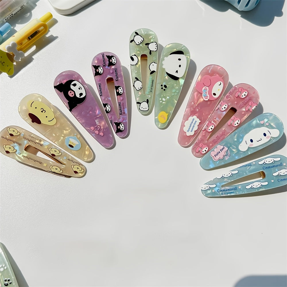 10pcs Sanrio Series Artificial Jade Kuromi Melody Cute Laser Hair Clips Bangs Clip Cartoon Girly Heart Hairpin
