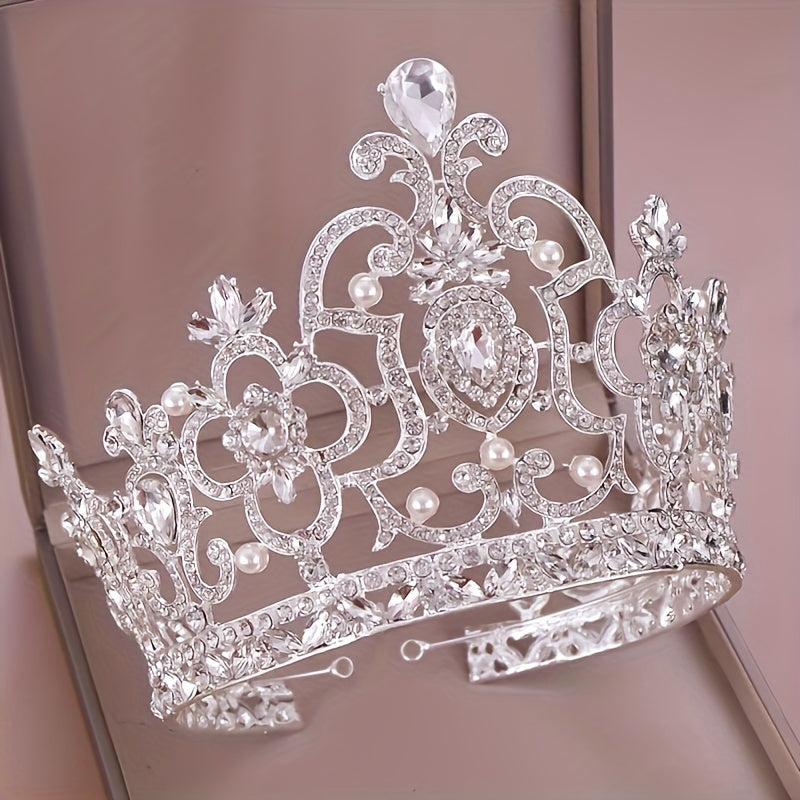 Baroque Rhinestone Crown Headband, Zinc Alloy White Tiara with Plant Details