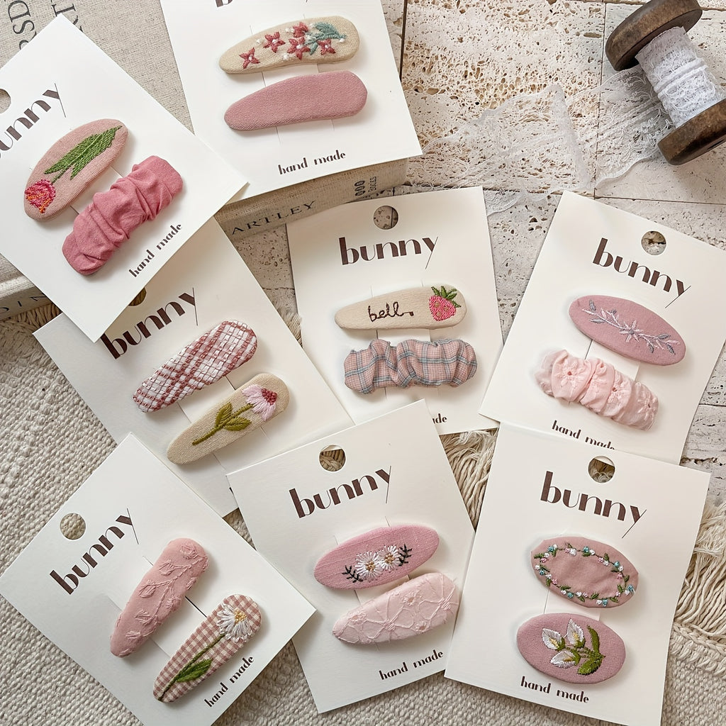 2pcs Pink Retro Embroidery Flower Hairpin Headwear For Girls