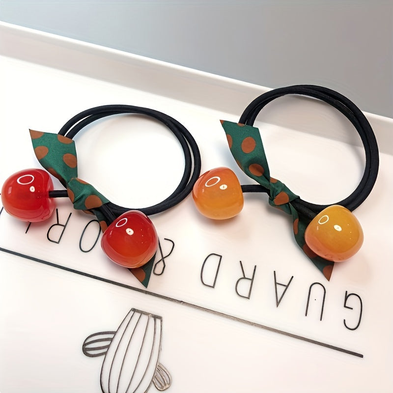 3pcs Adorable Cherry-Shaped Hair Ties for girls - Vibrant Red with Green Polka Dot Ribbon