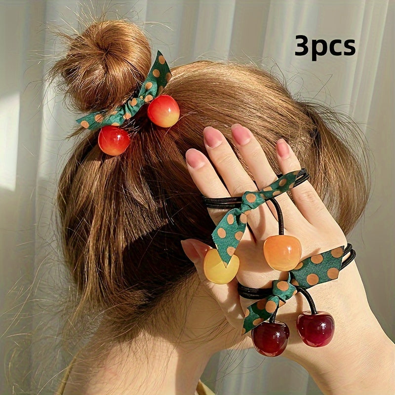 3pcs Adorable Cherry-Shaped Hair Ties for girls - Vibrant Red with Green Polka Dot Ribbon