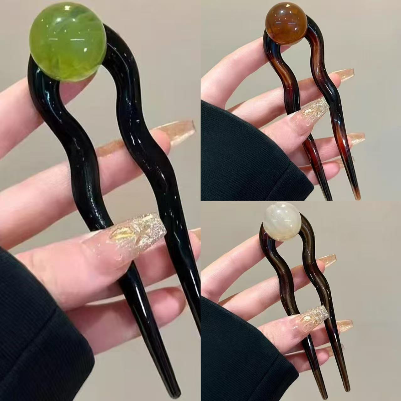 3pcs Elegant Retro U-Shaped Hairpins with Jelly Beads - Vintage-Inspired Acrylic Hair Accessories for Daily Commute & Bun Hairstyles