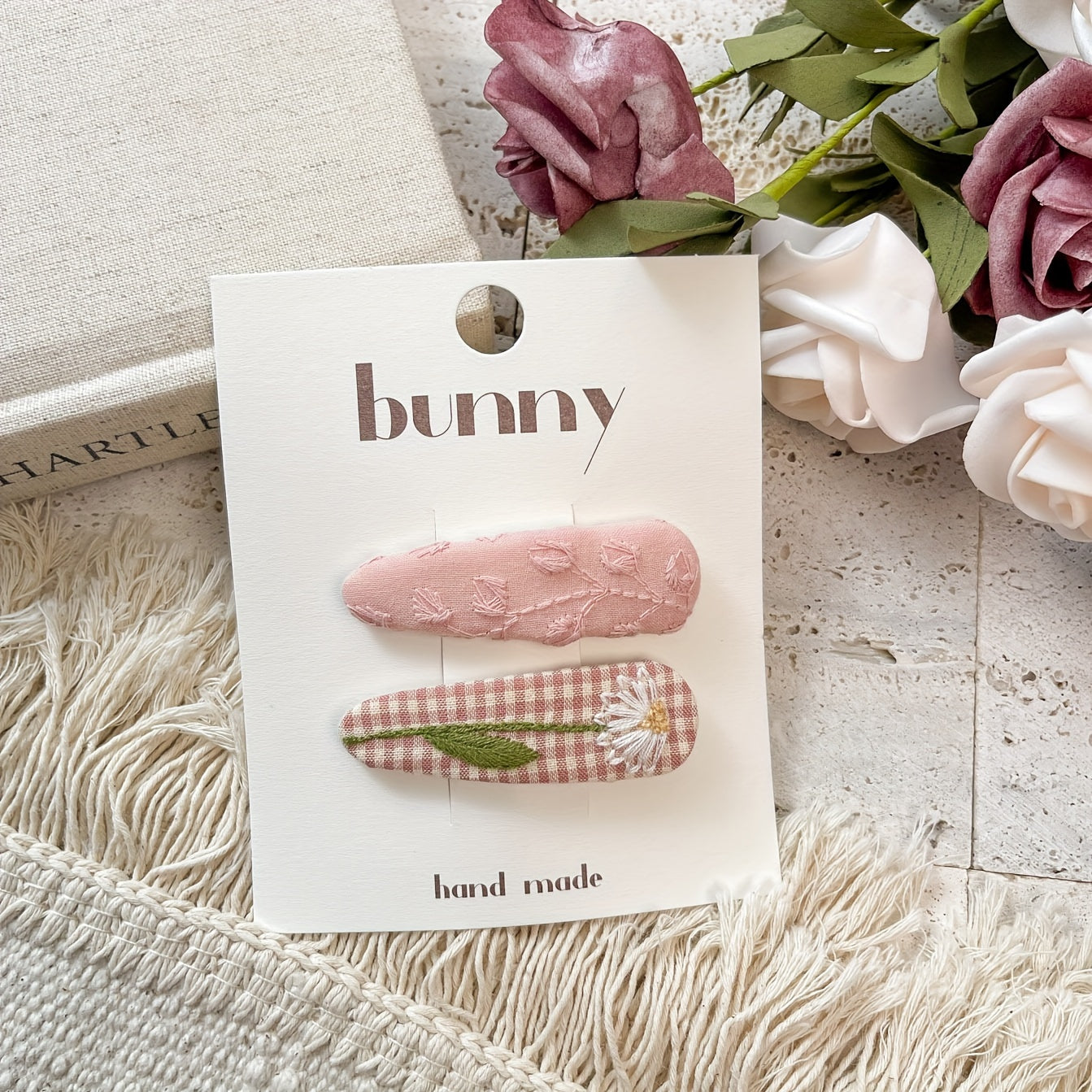 2pcs Pink Retro Embroidery Flower Hairpin Headwear For Girls