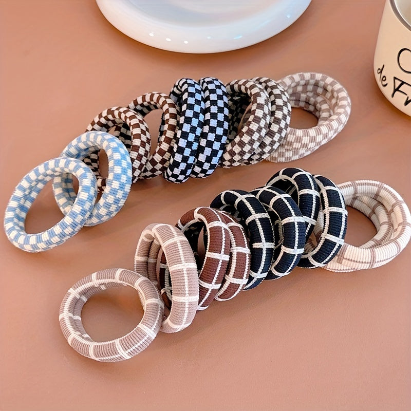 10pcs Hair Ties 10pcs Thick Hair Ties | High Elasticity Multi-Color Bohemian & Hip-Hop Style Hair Bands with Checkered
