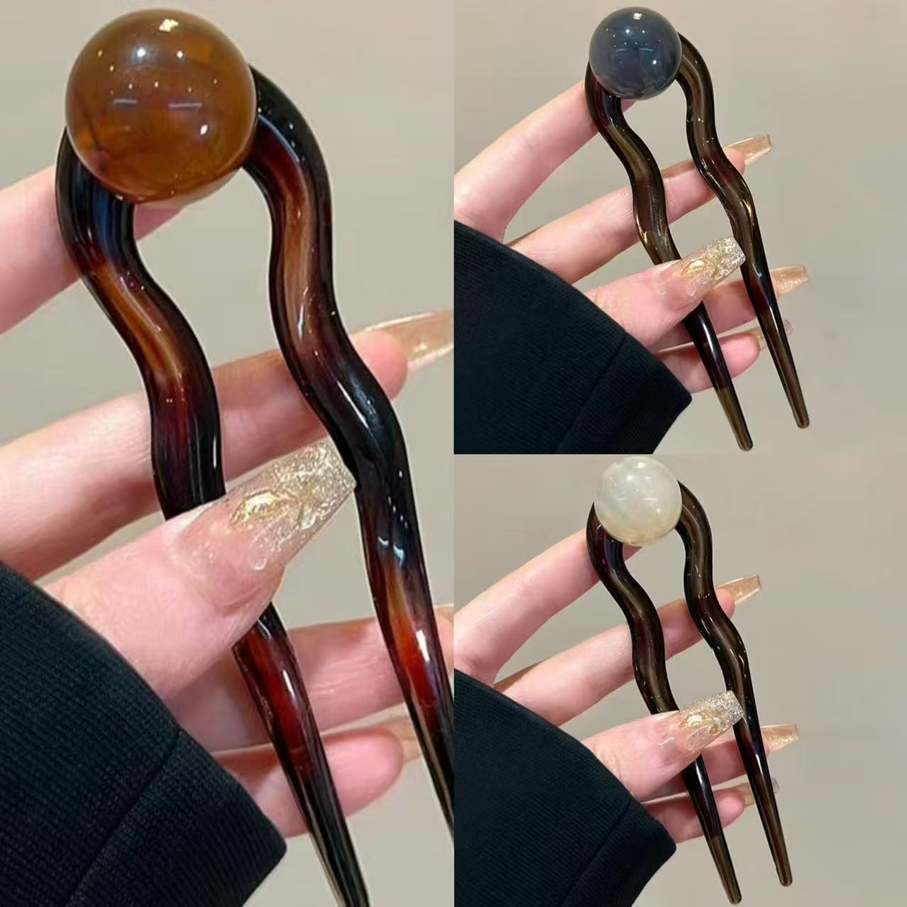 3pcs Elegant Retro U-Shaped Hairpins with Jelly Beads - Vintage-Inspired Acrylic Hair Accessories for Daily Commute & Bun Hairstyles