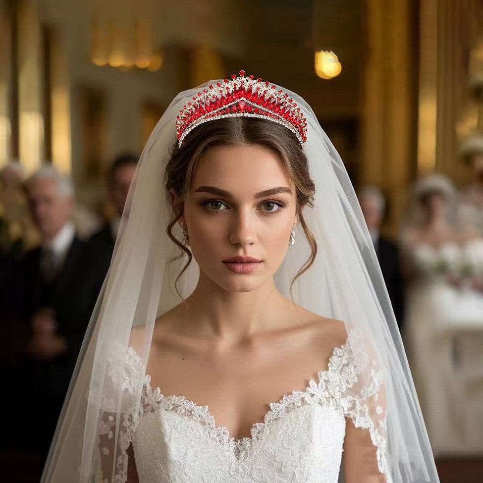 Bridal Tiara Crown Hair Accessory - Sparkling Red Gemstones & Intricate Detailing
