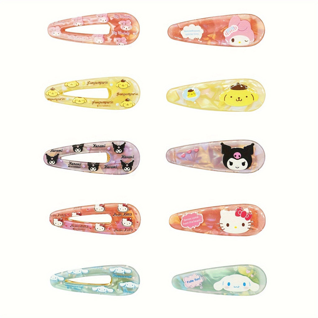10pcs Sanrio Series Artificial Jade Kuromi Melody Cute Laser Hair Clips Bangs Clip Cartoon Girly Heart Hairpin
