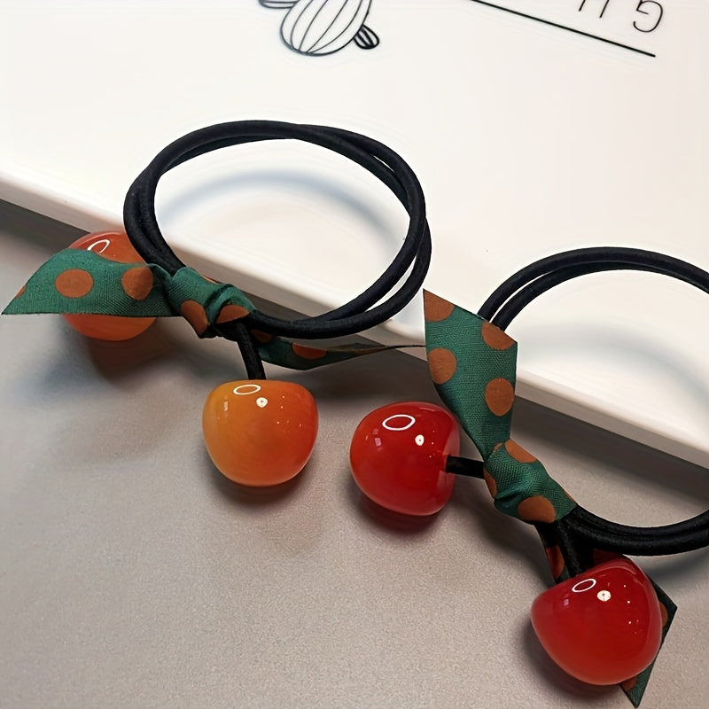 3pcs Adorable Cherry-Shaped Hair Ties for girls - Vibrant Red with Green Polka Dot Ribbon