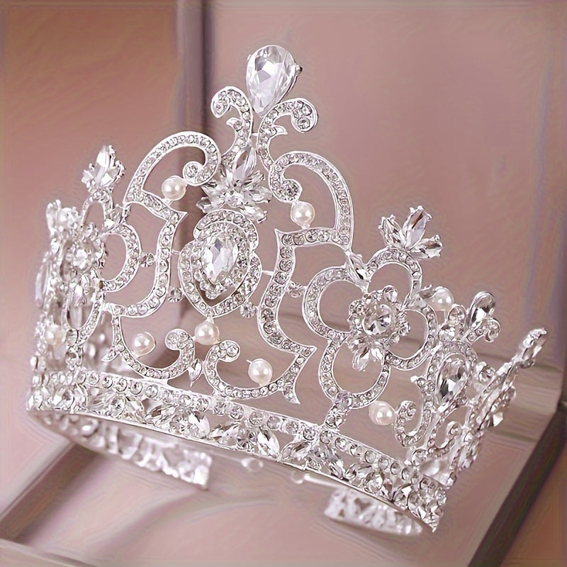 Baroque Rhinestone Crown Headband, Zinc Alloy White Tiara with Plant Details