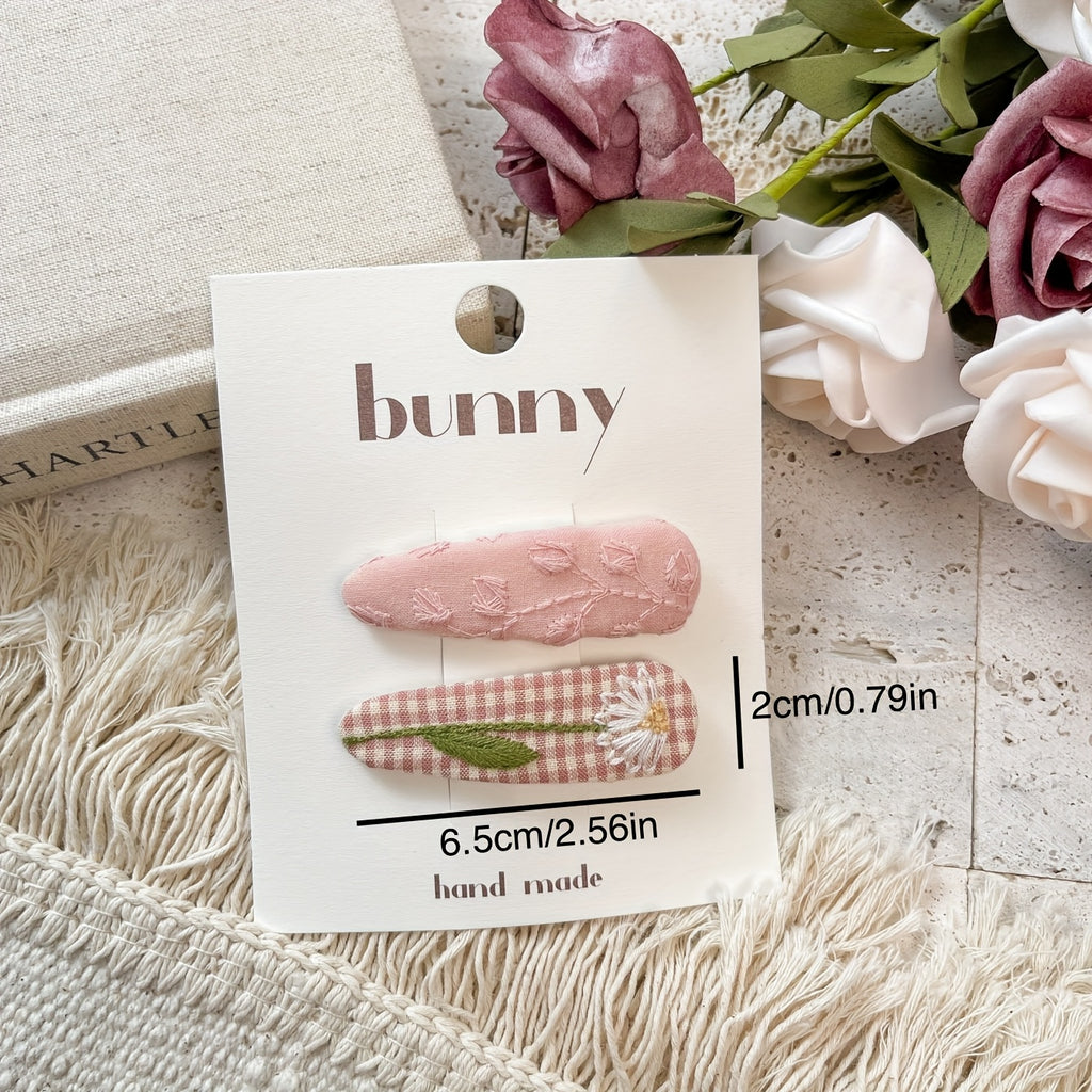 2pcs Pink Retro Embroidery Flower Hairpin Headwear For Girls