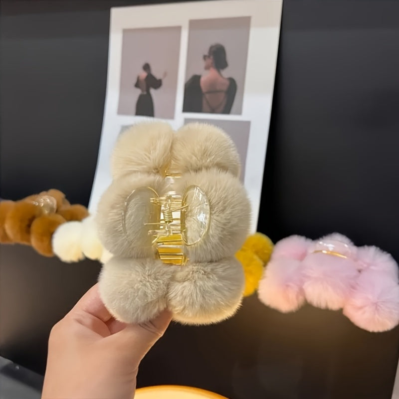 Set of Two Oversized Plush Hair Clips with Rabbit Ears - Adorable Faux Pom Pom Style