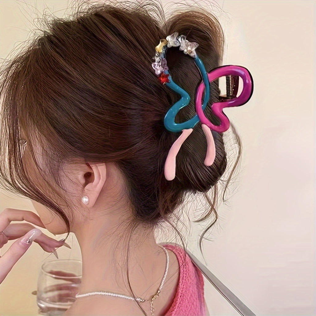 1pc Elegant Bohemian Bow Hair Clip - Large Colorful Acrylic Hairpin with Sparkling Rhinestones