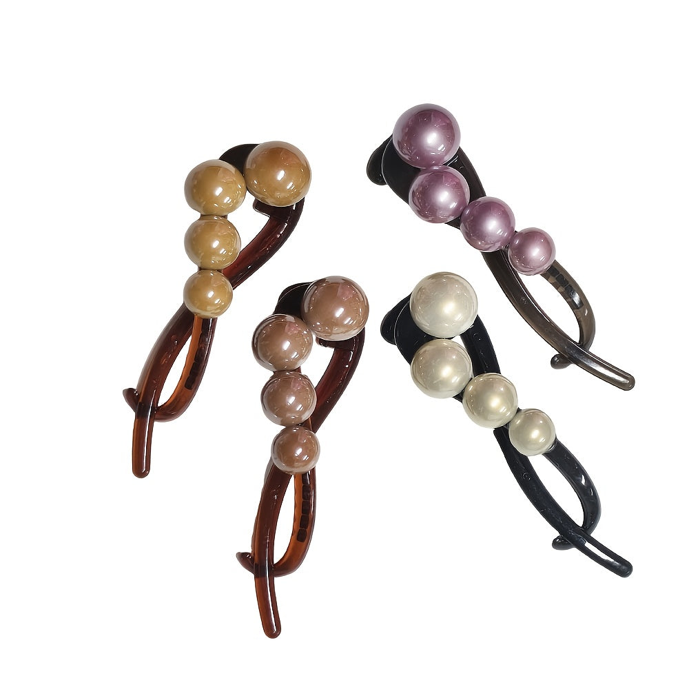 4pcs Elegant Pearl Hair Clips for Women - Long Hair with Black Ribbon Decoration