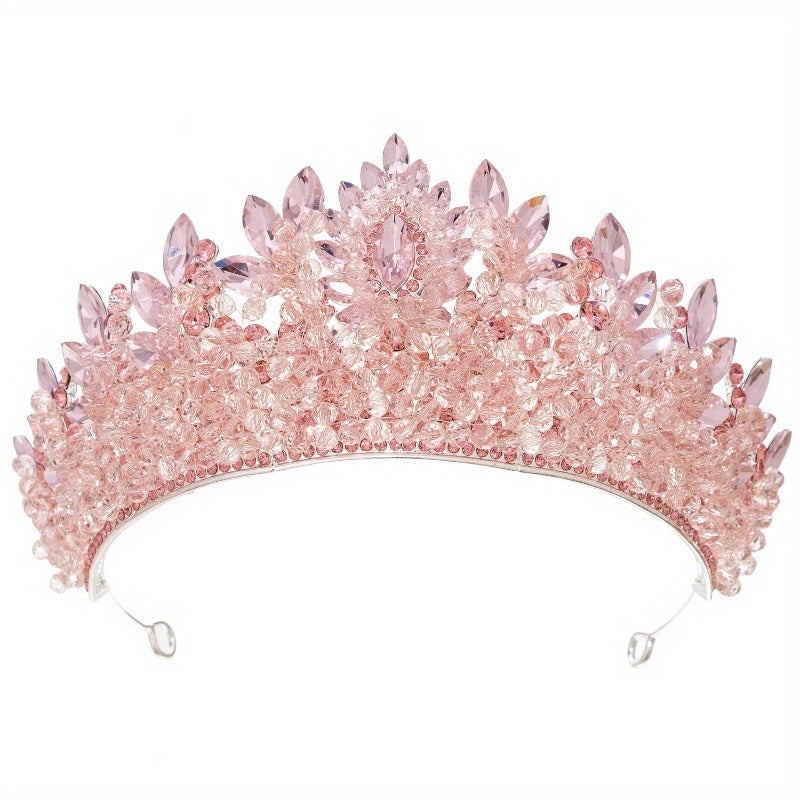 Elegant Rhinestone Bridal Crown - Sparkling Pink Wedding Headband with Floral Design