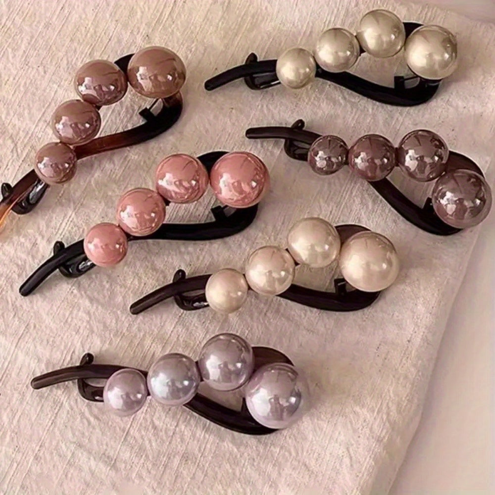 4pcs Elegant Pearl Hair Clips for Women - Long Hair with Black Ribbon Decoration
