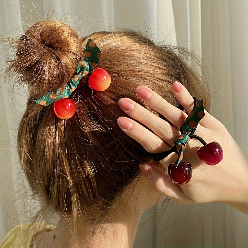 3pcs Adorable Cherry-Shaped Hair Ties for girls - Vibrant Red with Green Polka Dot Ribbon