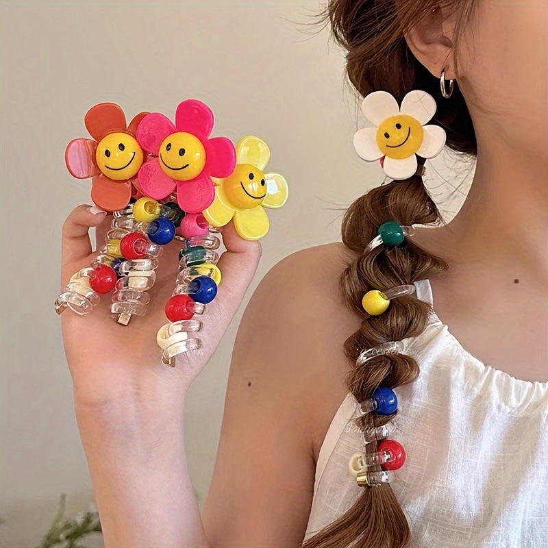 4pcs Sweet Sunflower Bubble Braid Hair Ties - Durable Smile Flower Phone Cord Hair Accessories
