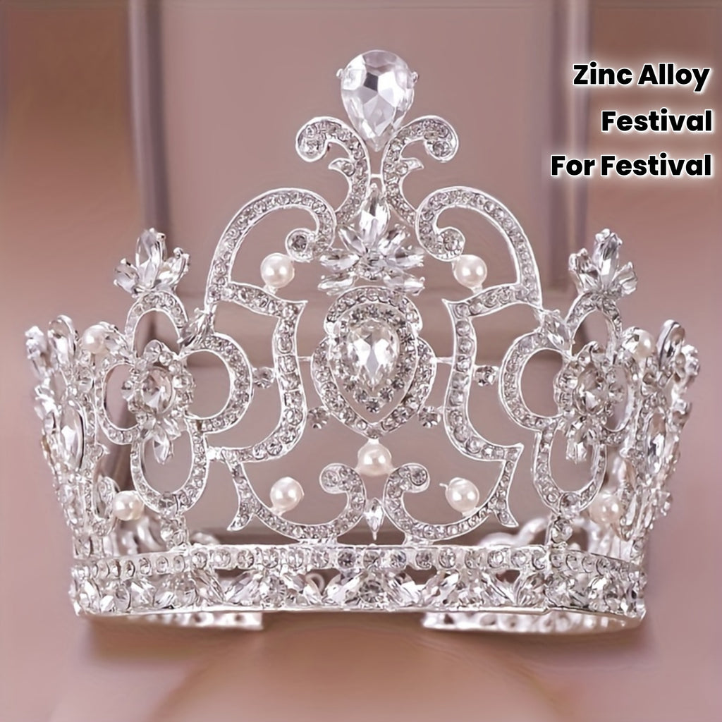 Baroque Rhinestone Crown Headband, Zinc Alloy White Tiara with Plant Details