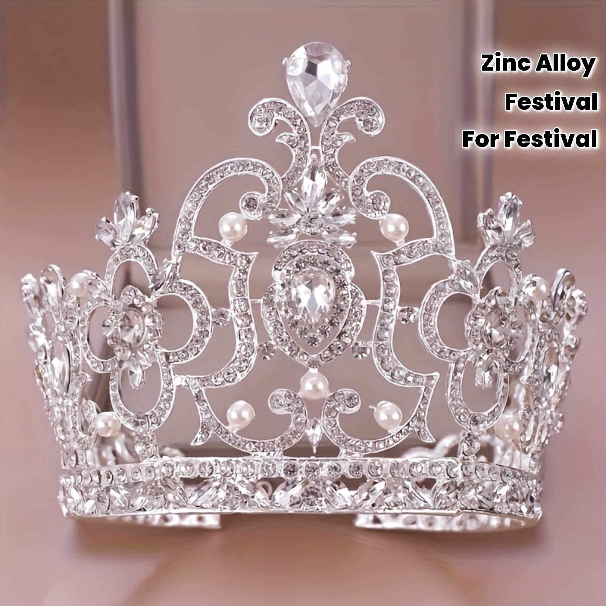 Baroque Rhinestone Crown Headband, Zinc Alloy White Tiara with Plant Details