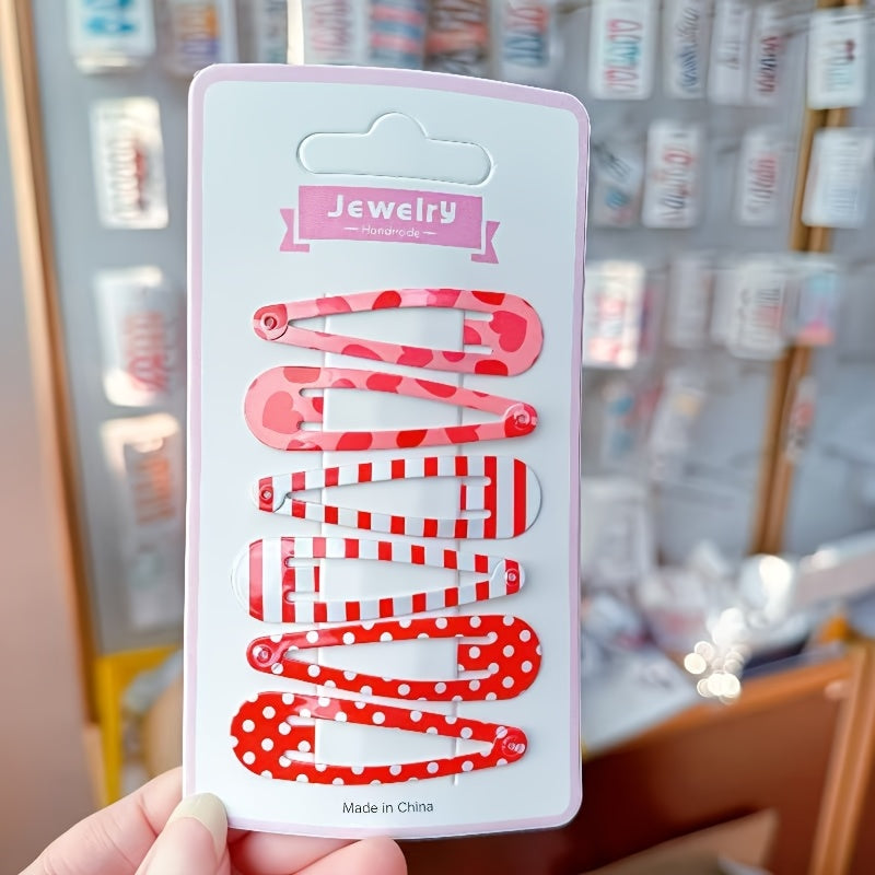 6pcs\u002Fset valentine's day simple sweet cute colorful hairpin Striped polka dot heart side clip hair accessories