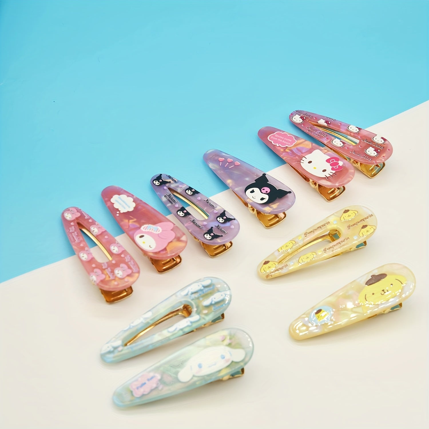 10pcs Sanrio Series Artificial Jade Kuromi Melody Cute Laser Hair Clips Bangs Clip Cartoon Girly Heart Hairpin
