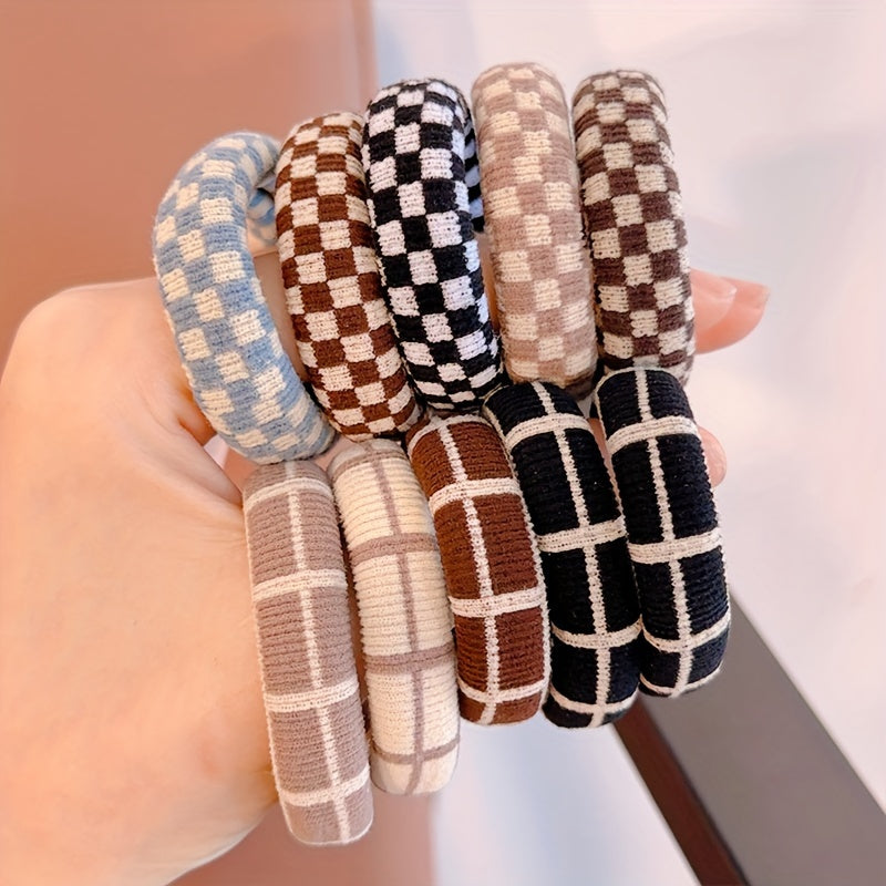 10pcs Hair Ties 10pcs Thick Hair Ties | High Elasticity Multi-Color Bohemian & Hip-Hop Style Hair Bands with Checkered