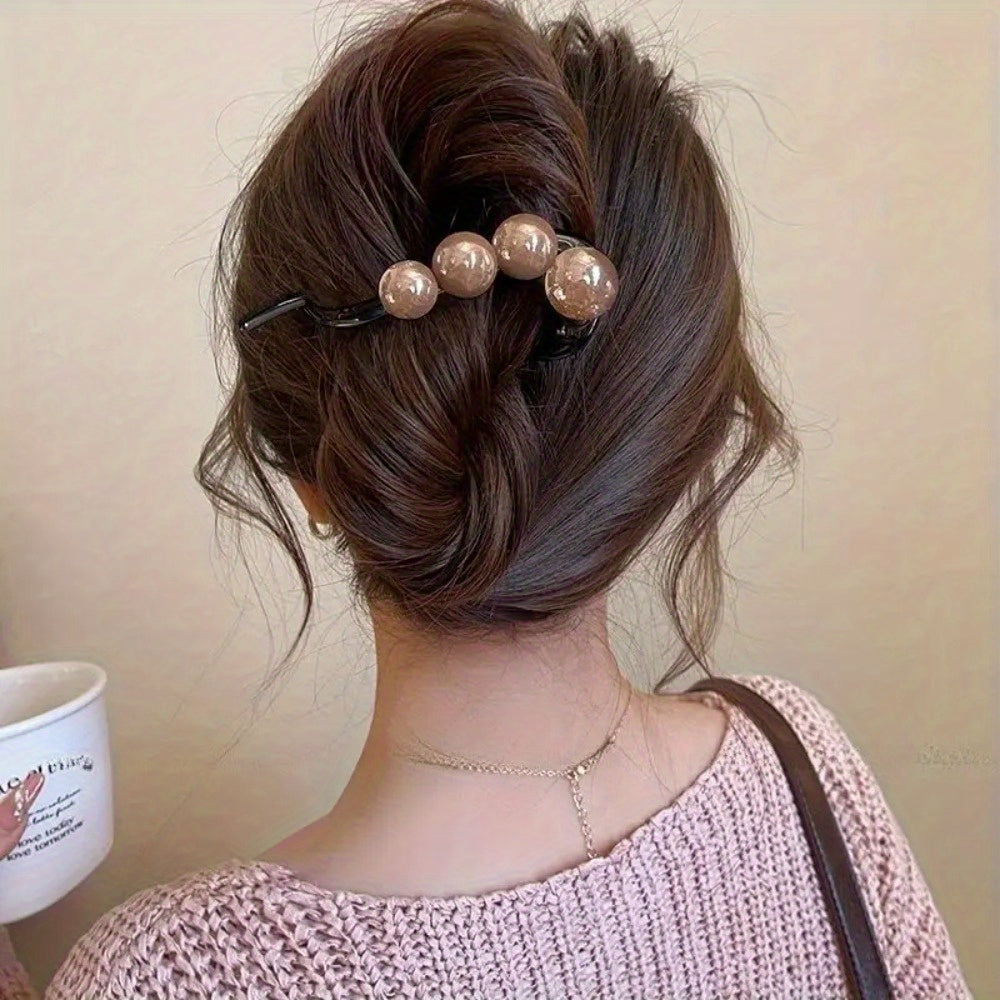 4pcs Elegant Pearl Hair Clips for Women - Long Hair with Black Ribbon Decoration