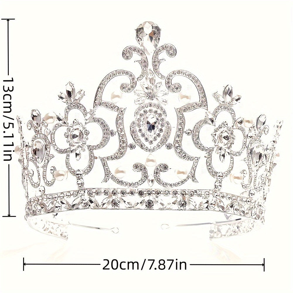 Baroque Rhinestone Crown Headband, Zinc Alloy White Tiara with Plant Details