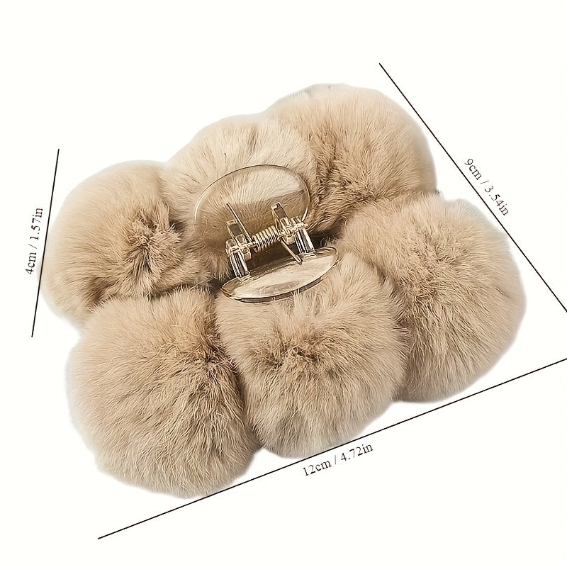 Set of Two Oversized Plush Hair Clips with Rabbit Ears - Adorable Faux Pom Pom Style