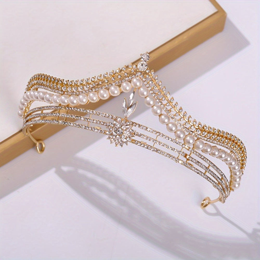 Elegant Pearl Crown Headpiece for Women - Sparkling Rhinestone Princess Crown with Floral Design