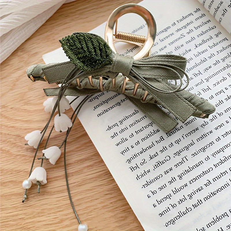 Vintage Elegance Fabric Flower Hair Clip with Bow Detail, French Forest Lily Tassel Design