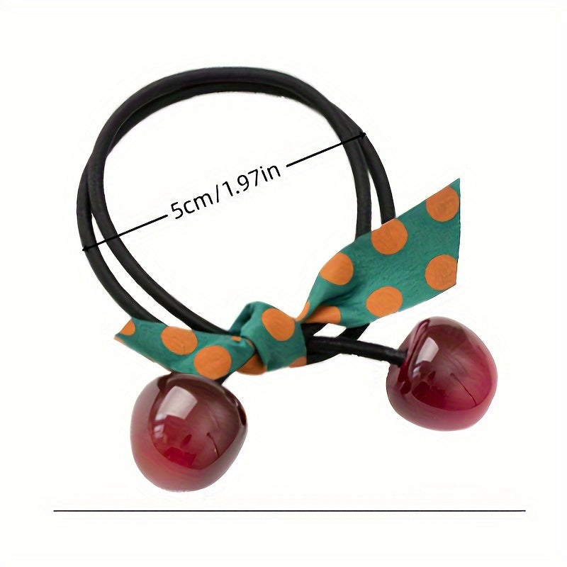 3pcs Adorable Cherry-Shaped Hair Ties for girls - Vibrant Red with Green Polka Dot Ribbon